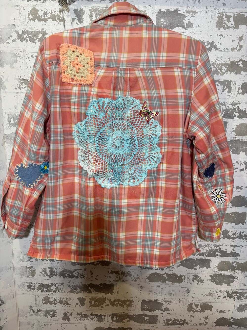 Reworked LLBean Plaid Fleece Lined S Shirt Custom Crochet &embroidery patches